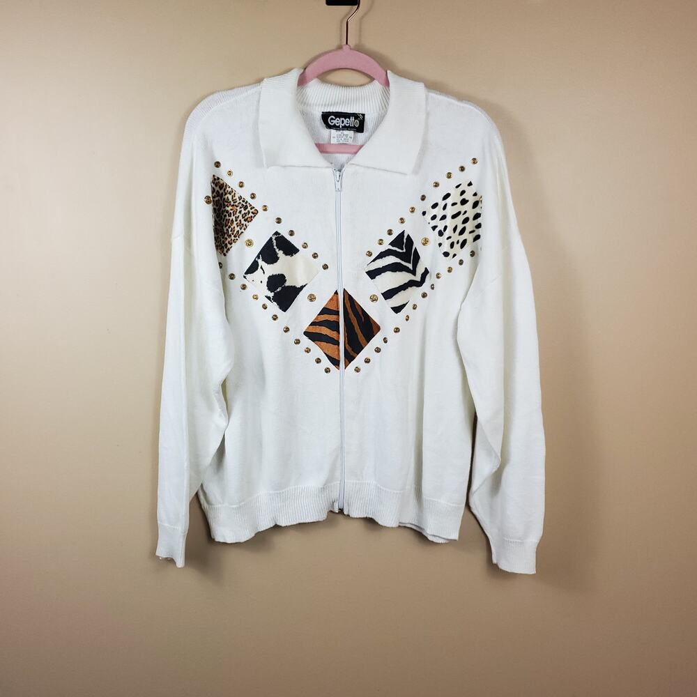 Vintage Animal Patch Studded Full Zip Sweater Size XL